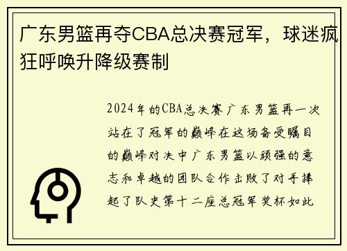 广东男篮再夺CBA总决赛冠军，球迷疯狂呼唤升降级赛制